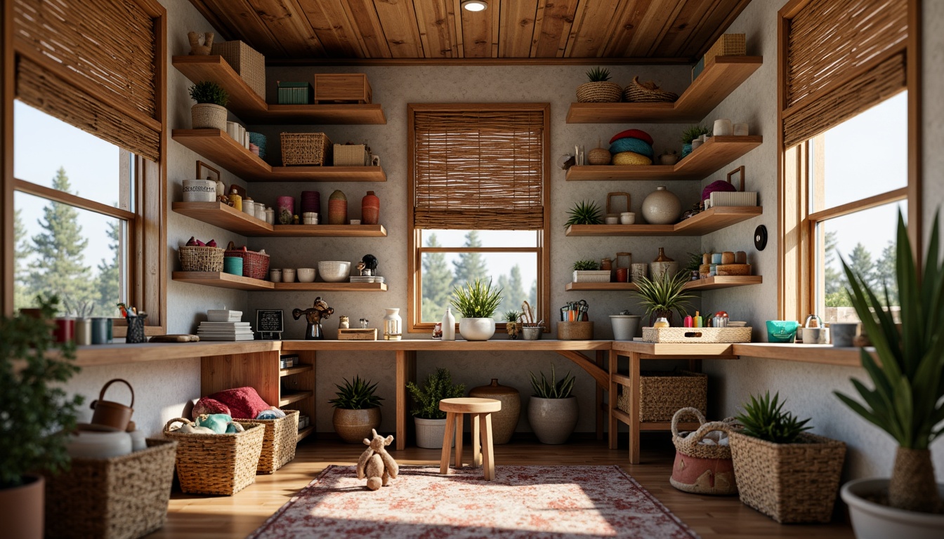 Prompt: Cozy crafting nook, wooden shelves, storage bins, woven baskets, colorful threads, yarns, and fabrics, paper crafting supplies, scissors, glue guns, worktable with built-in storage, ergonomic stool, natural wood textures, warm soft lighting, 1/1 composition, shallow depth of field, realistic materials, ambient occlusion.