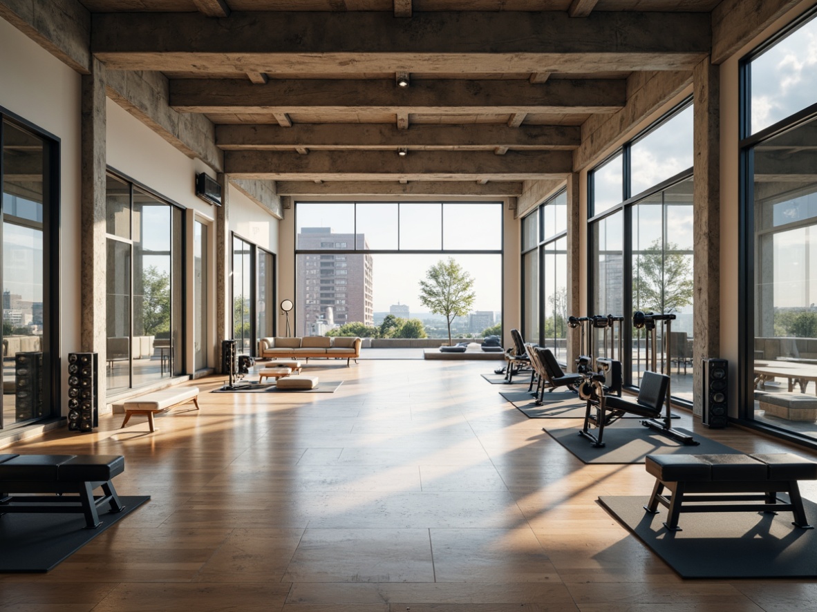 Prompt: Exposed concrete structures, industrial metal beams, raw unfinished walls, polished wooden floors, minimalist athletic equipment, free weights, exercise machines, mirrored walls, natural light pouring in, large windows, open-air courtyard, urban landscape views, brutalist architectural style, functional simplicity, clean lines, geometric shapes, monochromatic color scheme, high ceilings, spacious atmosphere, dramatic shadows, strong contrasts, 1/1 composition, soft focus, ambient lighting.