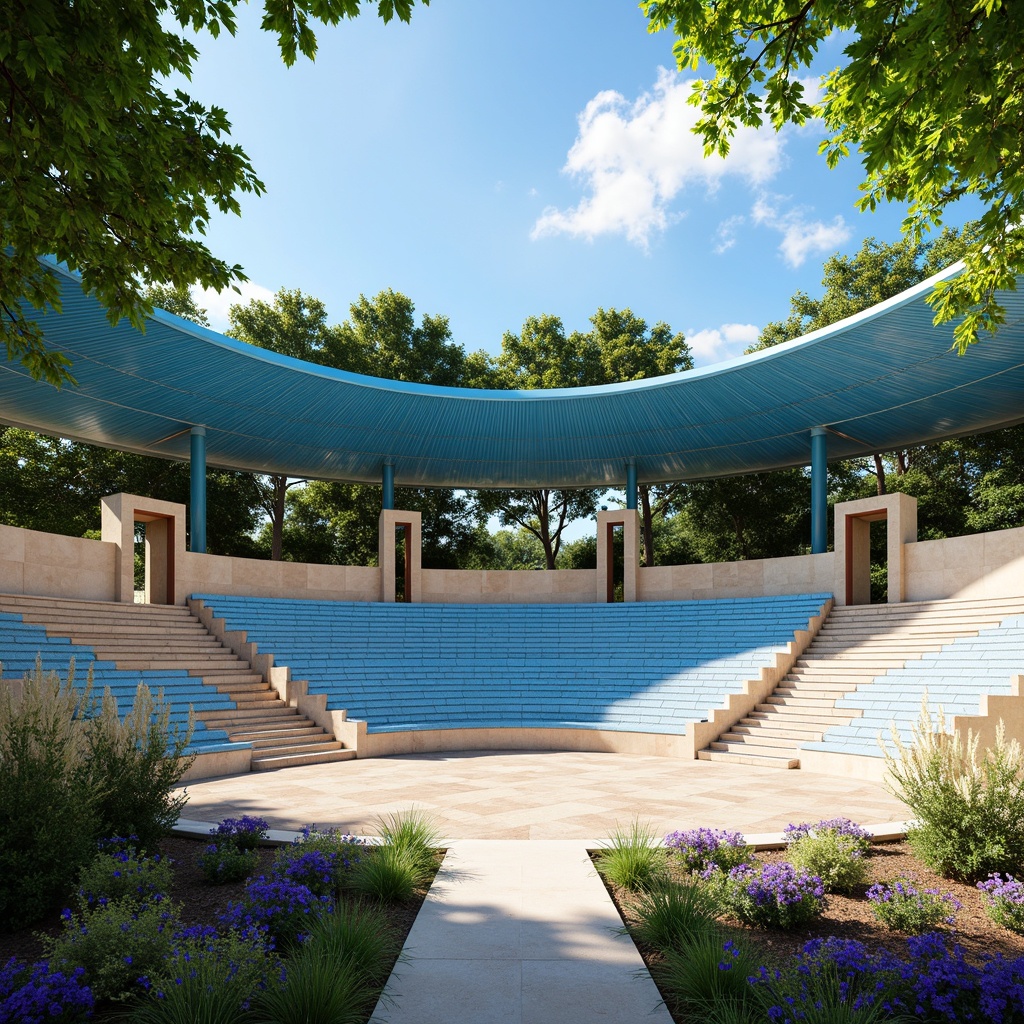 Prompt: Vibrant outdoor amphitheater, modern architecture, sleek metal structures, curved lines, bold color schemes, electric blue accents, bright white seats, warm beige stone walls, lush greenery surroundings, sunny day, soft natural lighting, shallow depth of field, 3/4 composition, panoramic view, realistic textures, ambient occlusion.