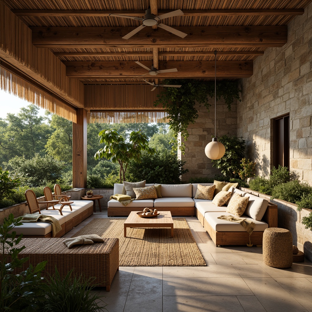 Prompt: Earthy tones, reclaimed wood accents, natural stone walls, living green roofs, organic shapes, bamboo furniture, woven rattan textures, earthy ceramics, botanical prints, warm ambient lighting, soft shadows, 1/1 composition, realistic renderings, subtle animations, cozy intimate spaces.