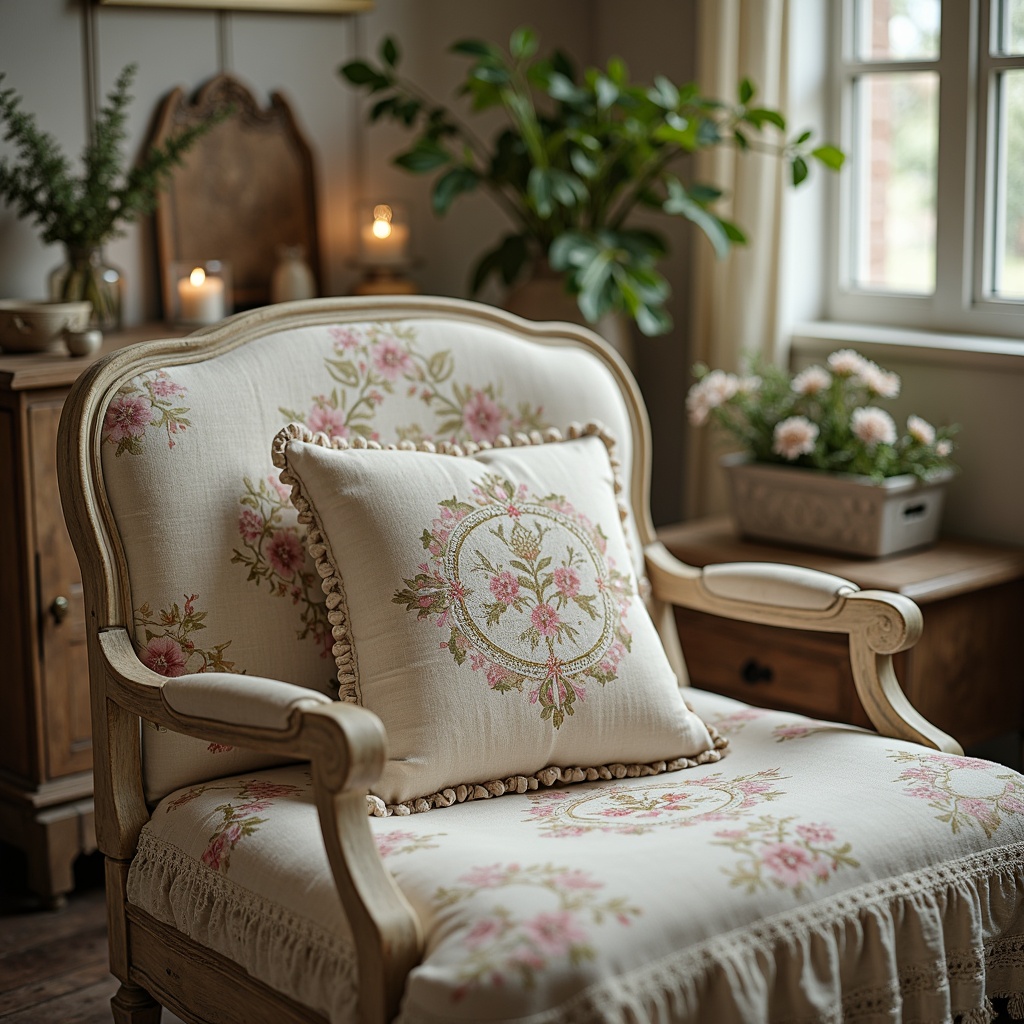 Prompt: Vintage distressed furniture, soft pastel hues, muted floral patterns, delicate lace textures, creamy whites, weathered wood tones, feminine ornate details, rustic metal accents, warm candlelight, cozy intimate atmosphere, gentle natural light, 1/1 composition, shallow depth of field, realistic fabric simulations, subtle color gradients.