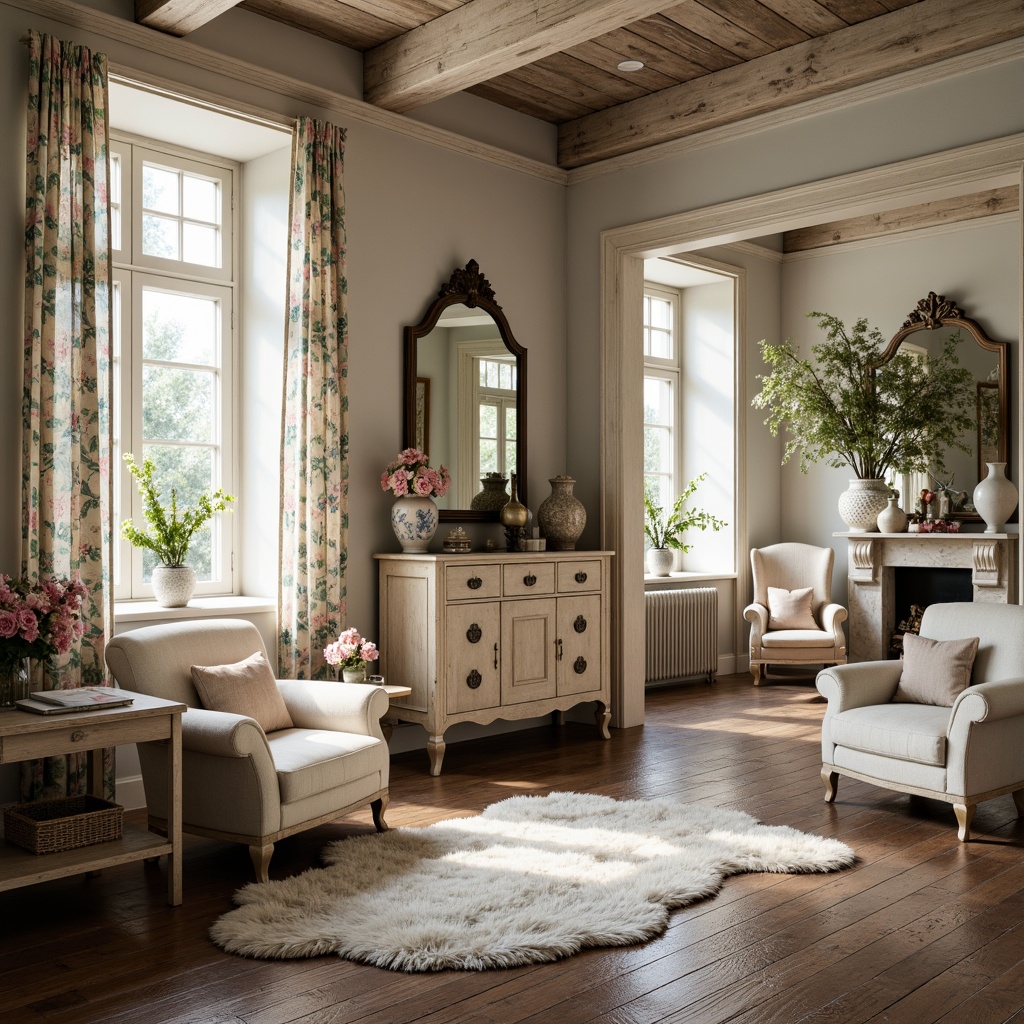 Prompt: Vintage distressed furniture, soft pastel hues, floral patterns, lace drapes, rustic wooden floors, antique accessories, feminine decor, delicate porcelain vases, ornate mirrors, plush area rugs, white linen upholstery, natural fabrics, warm candlelight, cozy reading nooks, elegant chandeliers, French country-inspired accents, classic architectural details, muted color palette, soft focus, shallow depth of field, 1/1 composition, warm and inviting atmosphere.