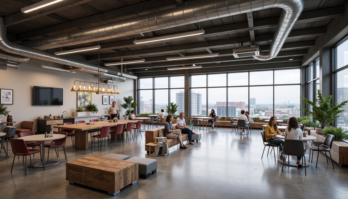 Prompt: Exposed ductwork, polished concrete floors, industrial metal beams, modern high school architecture, sleek lines, minimal ornamentation, open floor plan, collaborative learning spaces, eclectic mix of vintage and modern furniture, reclaimed wood accents, metallic color scheme, pendant lighting, urban cityscape views, overcast day, soft diffused natural light, shallow depth of field, 2/3 composition, realistic textures, ambient occlusion.