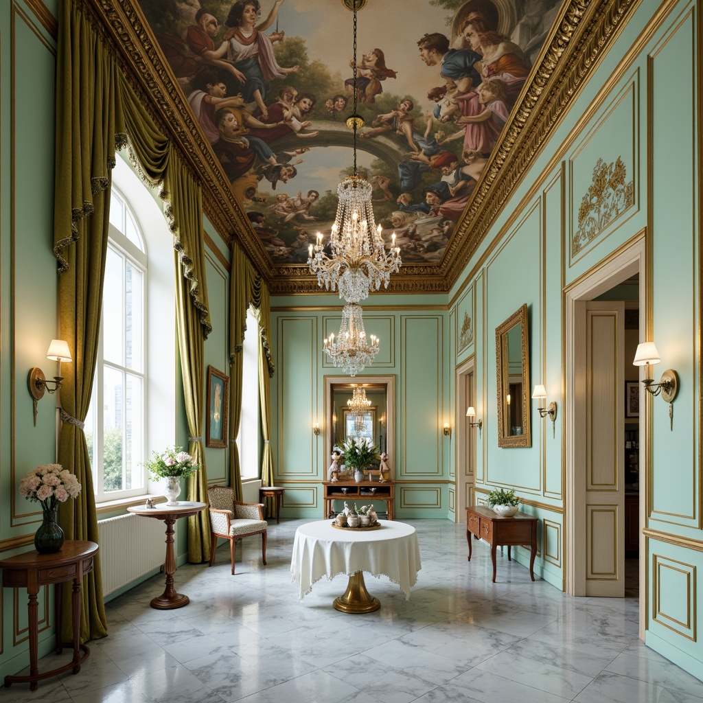 Prompt: Opulent Baroque interior, soft mint walls, ornate gold accents, velvet drapes, intricate fresco ceilings, marble floors, lavish furnishings, crystal chandeliers, subtle pastel hues, delicate florals, romantic candelabras, warm candlelight, shallow depth of field, 1/1 composition, intimate atmosphere, realistic textures, ambient occlusion.