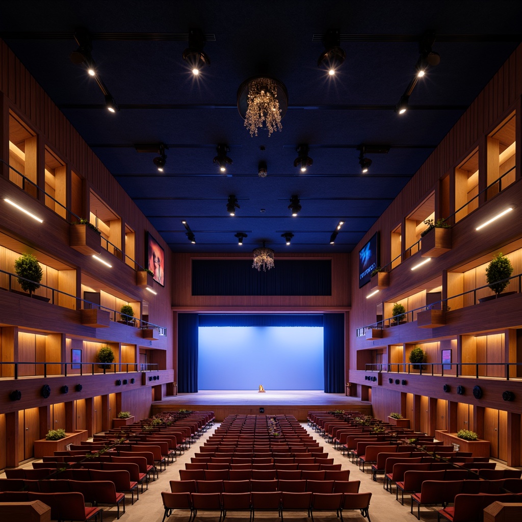 Prompt: Elegant auditorium interior, tiered seating, grand stage, rich wood accents, luxurious fabrics, subtle LED lighting, sleek metal fixtures, suspended ceiling lights, warm floor lamps, dramatic spotlights, soft ambient glow, 3-point lighting, high-contrast ratio, dark blue ceiling, ornate chandeliers, crystal drops, modern minimalist design, concealed lighting systems, energy-efficient solutions, acoustic panels, sound-absorbing materials, dynamic light shows, colorful beam lights.