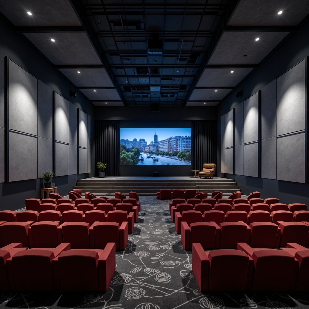 Prompt: Modern cinema interior, luxurious velvet seats, sleek silver screens, immersive sound systems, darkened ambiance, cinematic lighting, raised platforms, stepped seating arrangements, optimal screen placement, curved or rectangular screen shapes, high-contrast ratios, 2K or 4K resolution, cinematic color grading, subtle ambient occlusion, soft box-like seating, comfortable legroom, premium material textures, atmospheric soundscapes, dramatic spotlights.