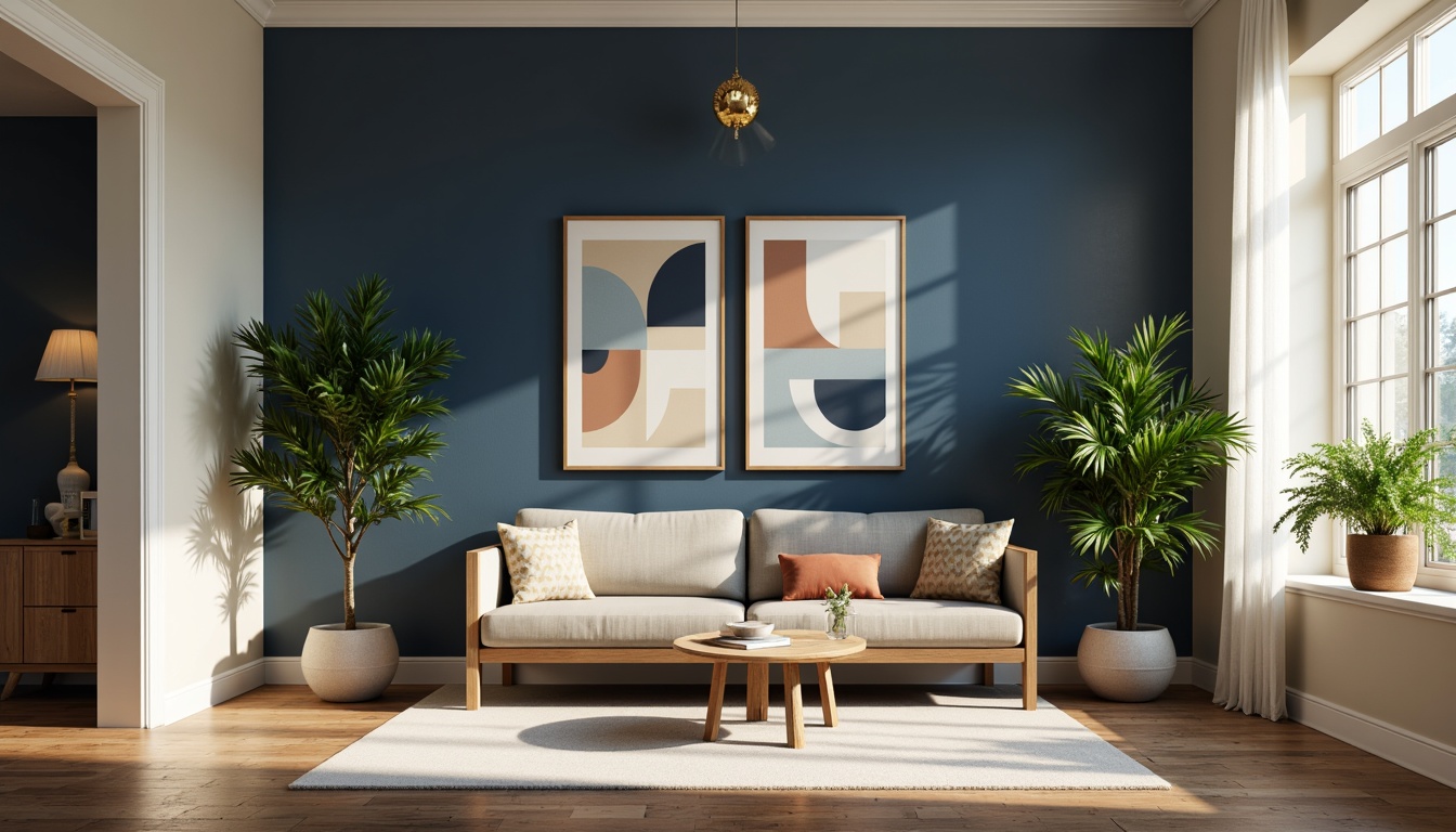 Prompt: Navy blue accent walls, creamy white trim, warm beige furniture, rich walnut wood flooring, soft gold lighting fixtures, lush green potted plants, abstract geometric patterns, modern minimalist decor, calming atmosphere, natural textures, subtle gradient effects, 1/1 composition, warm softbox lighting, realistic renderings.