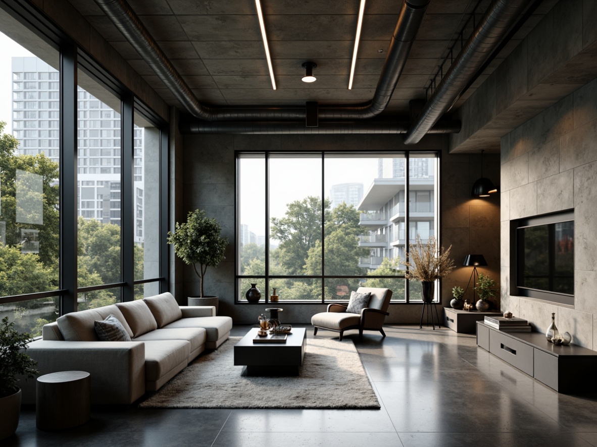 Prompt: Modern living room, sleek furniture, minimalist decor, floor-to-ceiling windows, polished concrete floors, industrial-chic accents, exposed ductwork, recessed lighting, suspended fixtures, linear LED strips, matte black finishes, warm white glow, ambient illumination, subtle shadows, 1/2 composition, softbox lighting, realistic reflections, detailed textures.