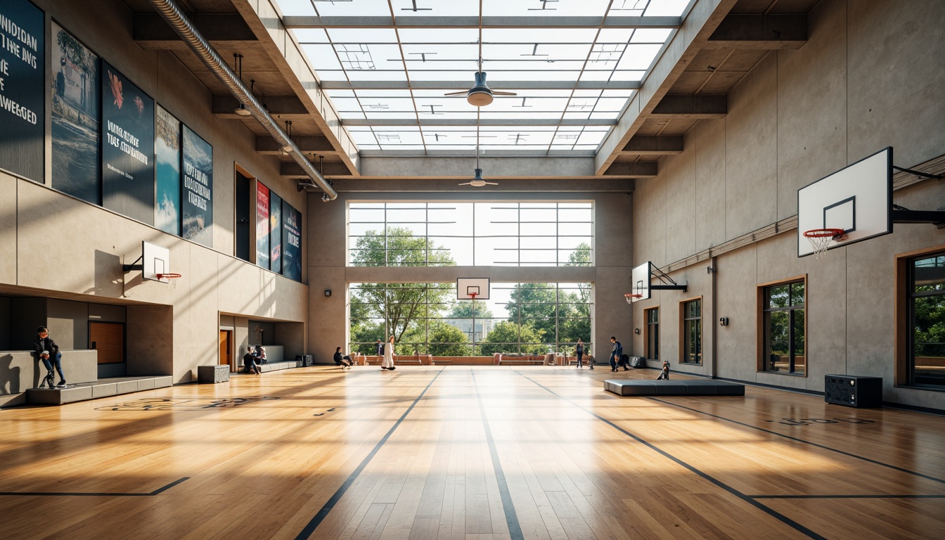 Prompt: Brightly lit gymnasium interior, natural light pouring in, large windows, clerestory rooflights, translucent skylights, polished wooden floors, mirrored walls, modern sports equipment, suspended basketball hoops, athletic tracks, exercise stations, motivational quotes, dynamic color schemes, minimalist decor, sleek lines, industrial chic, exposed ductwork, high ceilings, airy atmosphere, soft shadows, warm glow, 1/1 composition, shallow depth of field, realistic textures.