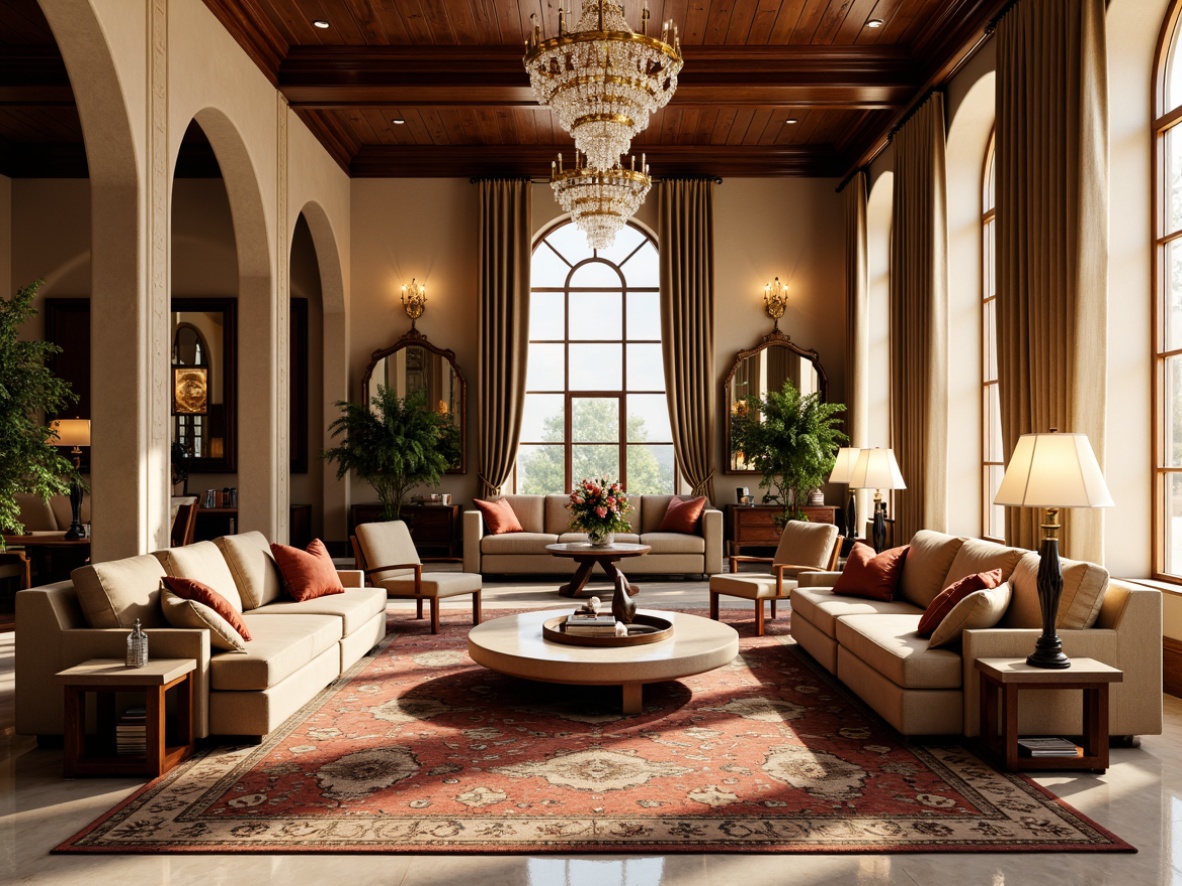 Prompt: Luxurious great room, plush velvet sofas, rich wood accents, crystal chandeliers, marble flooring, intricate rug patterns, warm beige walls, soft golden lighting, cozy reading nooks, floor-to-ceiling windows, dramatic drapery, sumptuous upholstery, ornate mirrors, elegant coffee tables, lavish flower arrangements, sophisticated color palette, inviting atmosphere, shallow depth of field, 1/1 composition, warm natural textures, ambient occlusion.