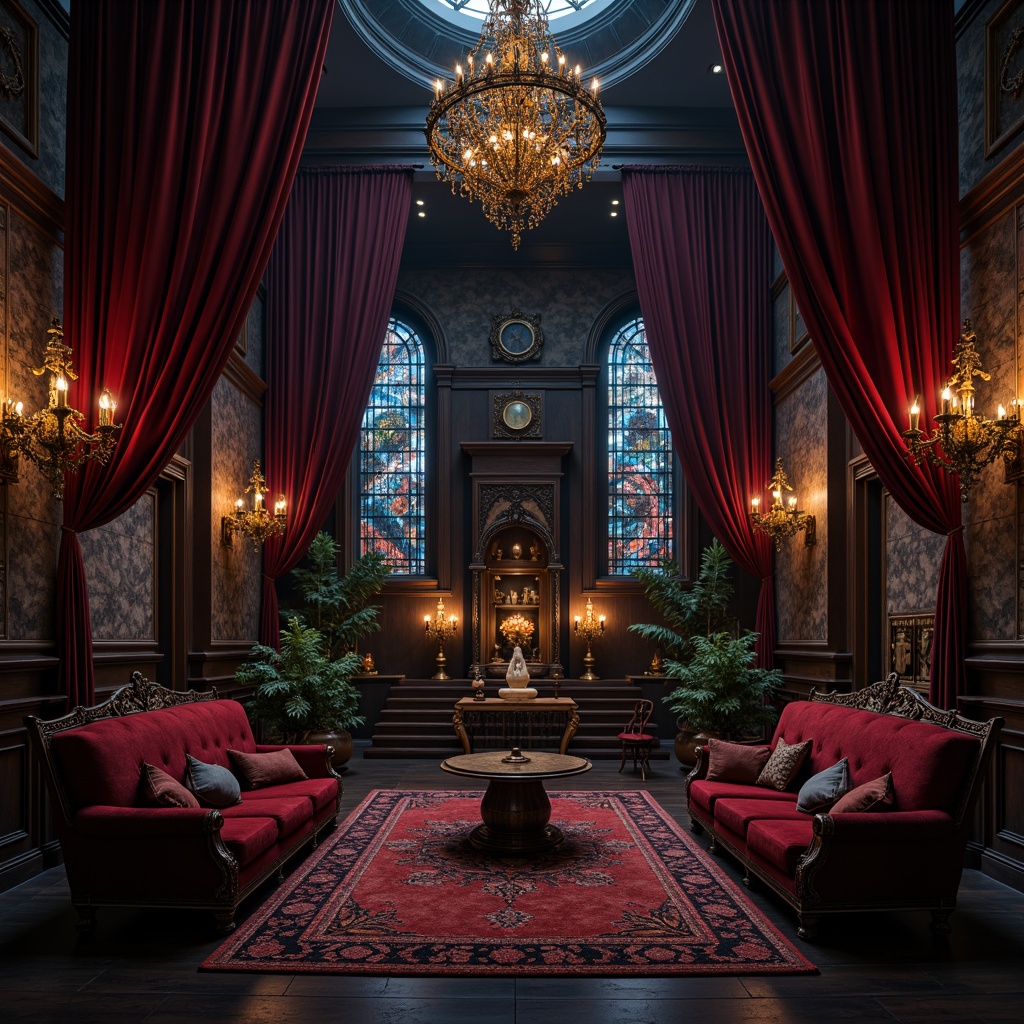 Prompt: Dark mysterious ambiance, rich velvet drapes, ornate wooden furnishings, mystical symbolism, eerie candelabras, grand chandeliers, lavish gold accents, deep crimson reds, midnight blues, dark wood paneling, stone walls, stained glass windows, dramatic archways, vaulted ceilings, mysterious alcoves, warm flickering candlelight, soft misty atmosphere, 3/4 composition, cinematic lighting, intricate textures, ambient occlusion.