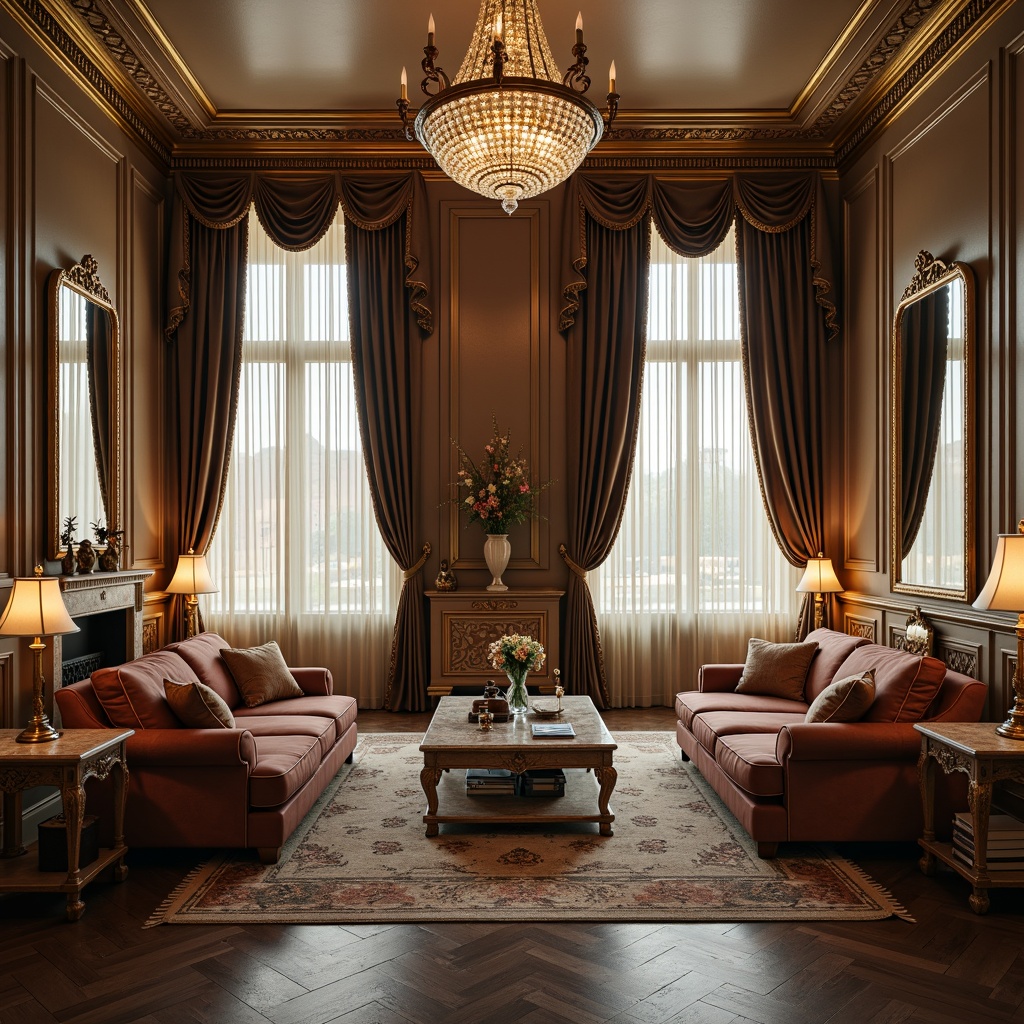 Prompt: Elegant living room, ornate furnishings, rich velvet upholstery, gilded frames, intricately carved wooden legs, marble coffee tables, crystal chandeliers, luxurious textiles, subtle color palette, sophisticated ambiance, refined lines, classical proportions, symmetrical composition, warm golden lighting, soft focus, shallow depth of field, 1/2 composition, ornate mirrors, decorative vases, antique accessories, subtle patterned rugs.