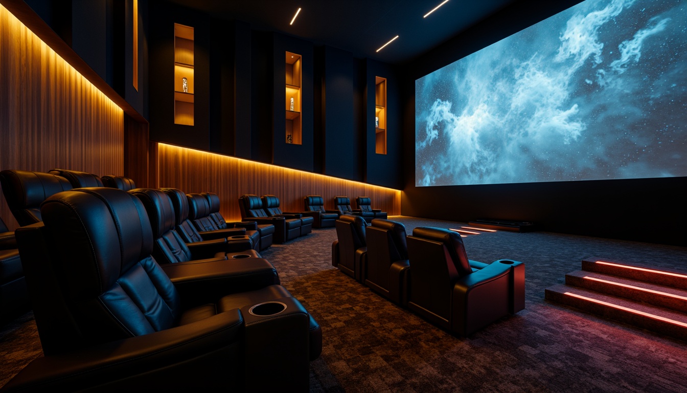 Prompt: Luxurious cinema interior, modern minimalist design, sleek black seats, metallic accents, ambient dim lighting, cozy intimate atmosphere, stepped seating arrangement, reclining chairs, adjustable armrests, premium leather upholstery, rich wood trim, LED floor lights, futuristic sound systems, immersive audio experience, 3D movie screen, cinematic widescreen format, shallow depth of field, 2/3 composition, warm color tone, soft focus, realistic textures.