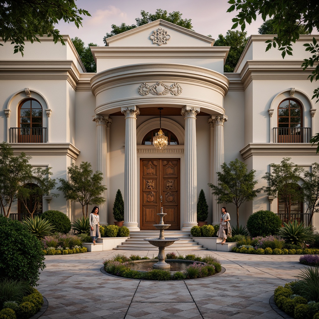 Prompt: Grand villa facade, ornate columns, symmetrical architecture, lush greenery, blooming flowers, elegant fountain, cobblestone driveway, majestic entrance gates, intricately carved wooden doors, marble floors, crystal chandeliers, soft warm lighting, shallow depth of field, 3/4 composition, panoramic view, realistic textures, ambient occlusion.