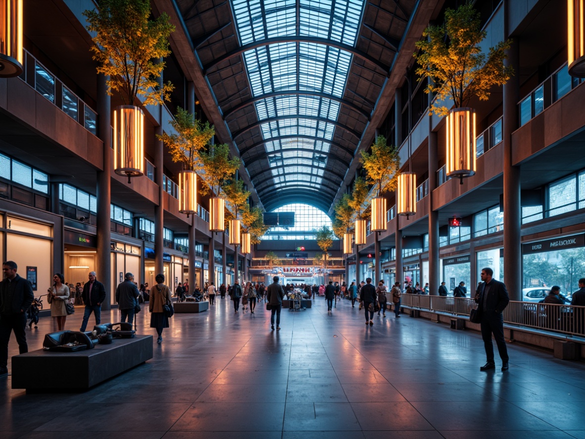 Prompt: Modern train station, high ceilings, grand chandeliers, warm ambient lighting, soft LED strips, futuristic lanterns, sleek metal columns, polished marble floors, vibrant color schemes, dynamic light installations, urban cityscape, bustling crowd, rush hour atmosphere, dramatic shadows, shallow depth of field, 1/2 composition, realistic textures, ambient occlusion.