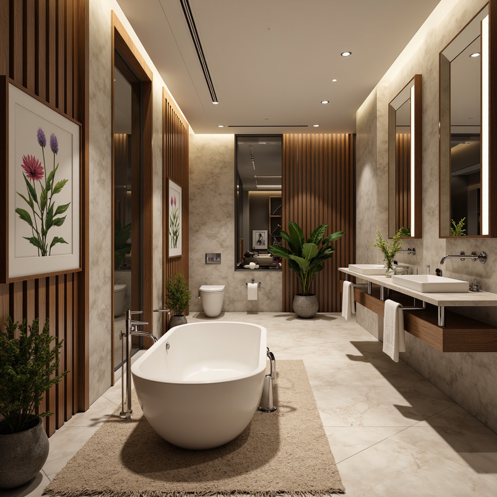 Prompt: Luxurious bathroom, freestanding tub, rainfall showerhead, chrome fixtures, marble countertops, soft LED lighting, heated floors, wooden cabinetry, large mirrors, ornate frames, plush towels, decorative rugs, greenery plants, natural stone walls, elegant faucets, modern sink basins, wall-mounted toilets, bidet installations, ambient music, relaxing ambiance, shallow depth of field, 3/4 composition, panoramic view, realistic textures.