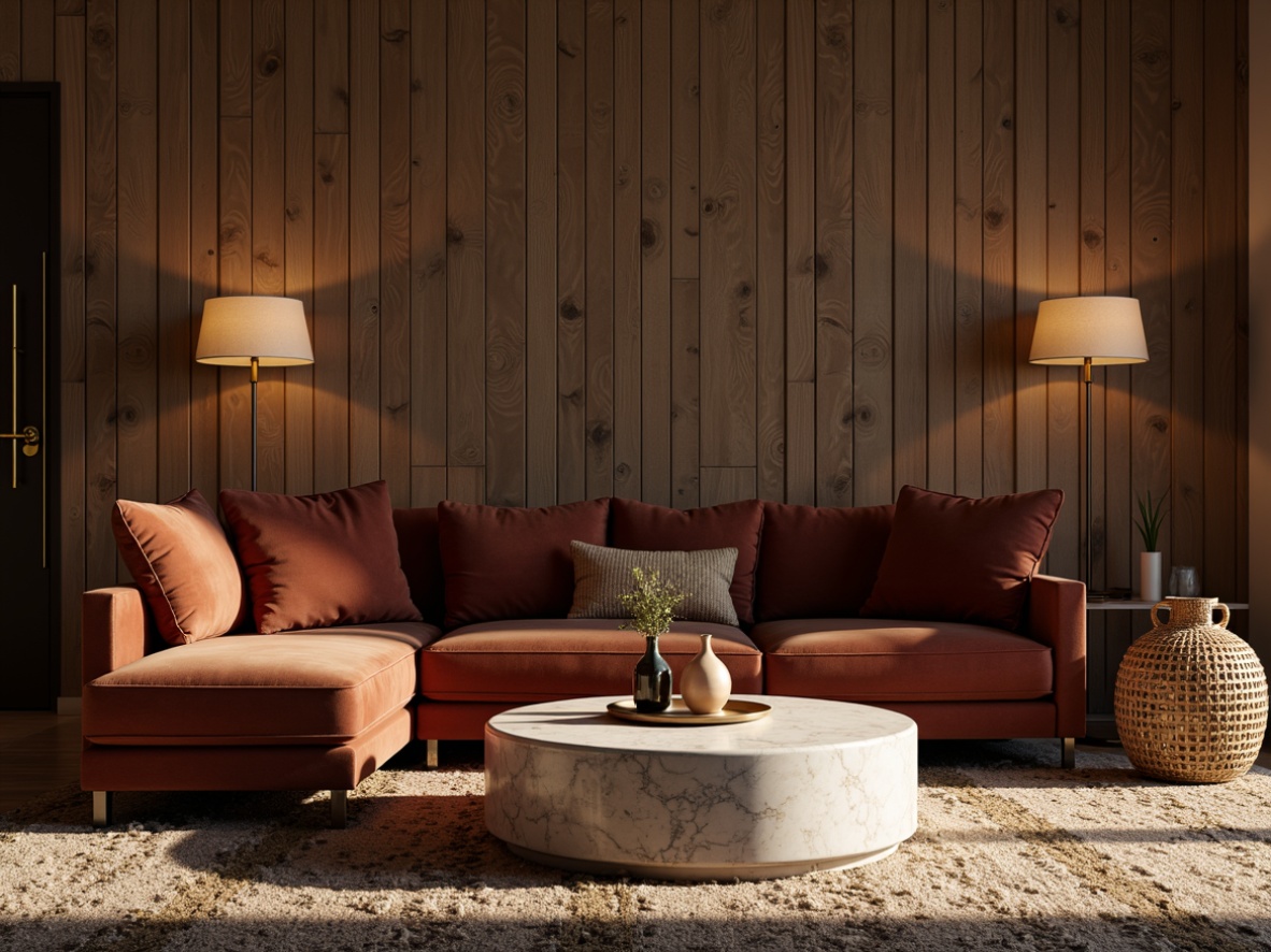 Prompt: Luxurious living room, rich velvet sofa, smooth marble coffee table, rough-hewn wooden accent walls, plush area rug, metallic lamp fixtures, natural woven basket chairs, earthy terracotta vases, soft warm lighting, shallow depth of field, 3/4 composition, intimate atmosphere, realistic textures, ambient occlusion.