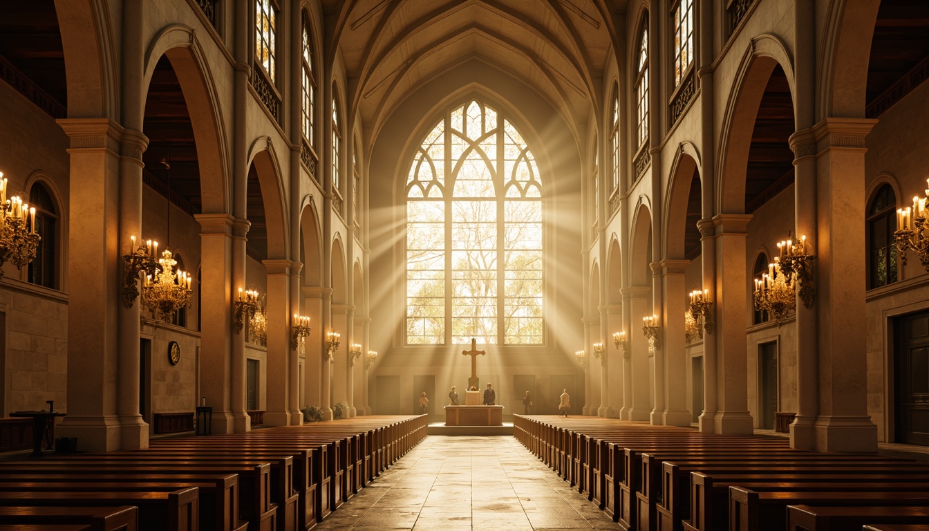 Prompt: \Ethereal cathedral interior, stained glass windows, warm golden lighting, soft candlelight, ornate chandeliers, intricate stone carvings, vaulted ceilings, grandiose architecture, peaceful ambiance, subtle color palette, warm beige tones, soft shadows, 1/2 composition, low-key lighting, dramatic highlights, realistic textures, ambient occlusion, serene atmosphere, spiritual essence.\