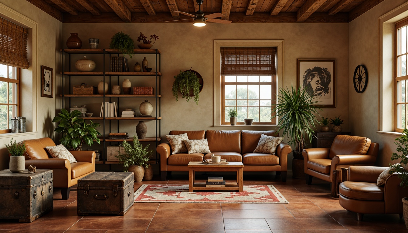 Prompt: Cozy storage room, warm beige walls, rustic wood accents, industrial metal shelving, vintage trunks, distressed leather furniture, earthy terracotta flooring, soft warm lighting, shallow depth of field, 3/4 composition, realistic textures, ambient occlusion.