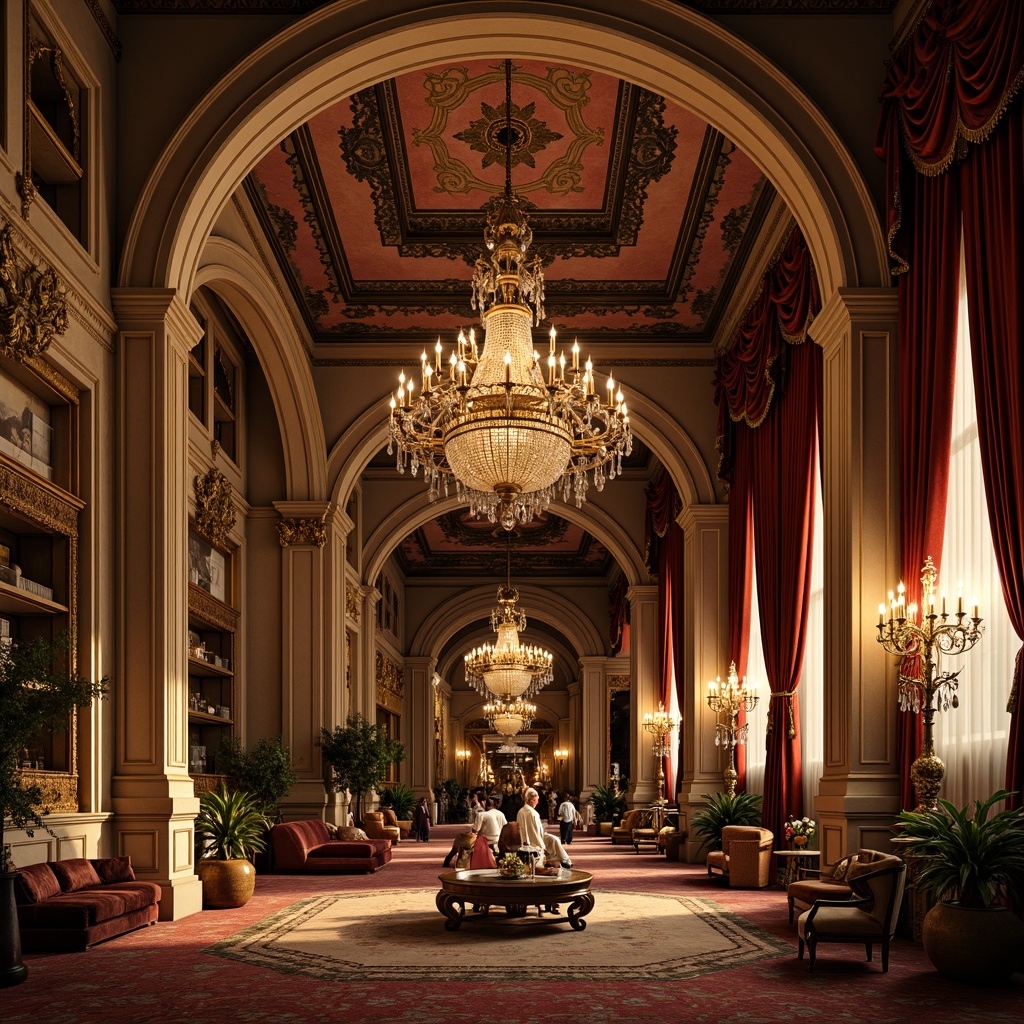 Prompt: Ornate chandeliers, crystal droplets, golden accents, luxurious fabrics, rich wood tones, grandiose scale, opulent furnishings, intricate carvings, ornamental mirrors, lavish drapery, velvet textures, majestic archways, dramatic ceiling heights, warm candlelight, soft golden glow, ambient shadows, 1/2 composition, realistic reflections, detailed ornaments.