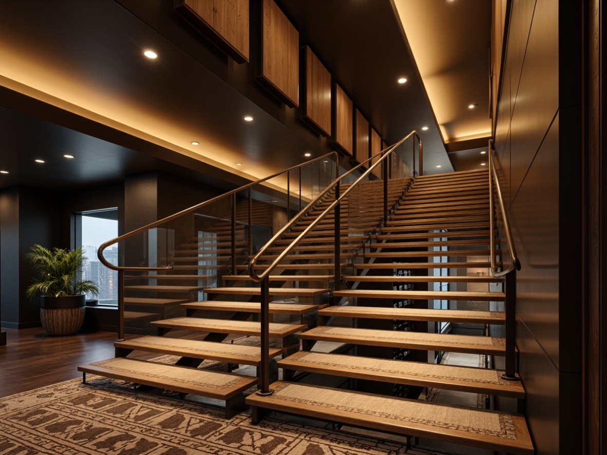 Prompt: Sleek staircase, minimalist railing, modern LED lighting, polished metal banisters, luxurious carpeting, rich wood tones, geometric patterned treads, floating stair effect, open risers, suspended steps, industrial chic decor, urban loft atmosphere, dramatic vertical lines, warm ambient glow, shallow depth of field, 1/1 composition, realistic textures, subtle shadows.