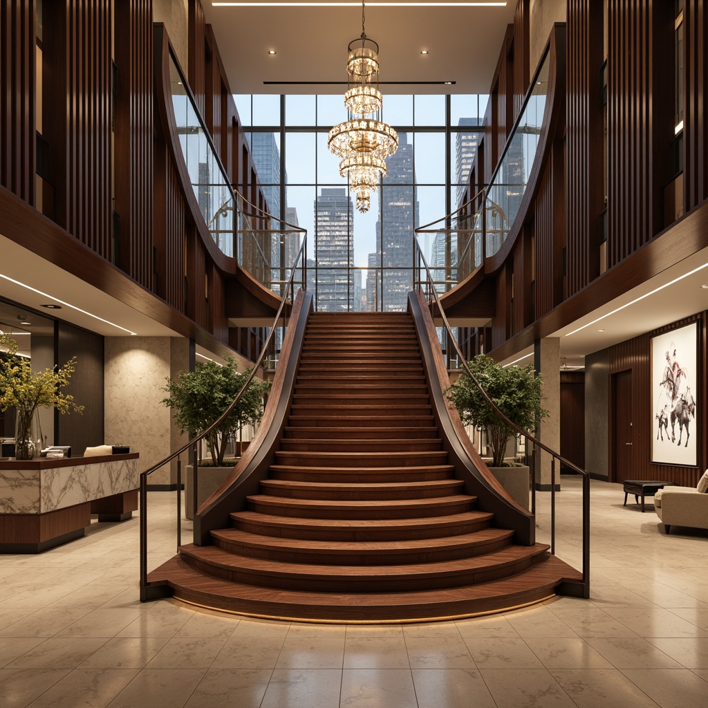 Prompt: Luxurious staircase, sleek metal handrails, minimalist wooden steps, rich walnut flooring, modern LED lighting, suspended staircases, open risers, floating treads, elegant curves, sophisticated linear designs, high-gloss finishes, marble or granite landings, statement chandeliers, dramatic ceiling heights, bold color schemes, textured carpeting, subtle gradient effects, 1/1 composition, softbox lighting, shallow depth of field.