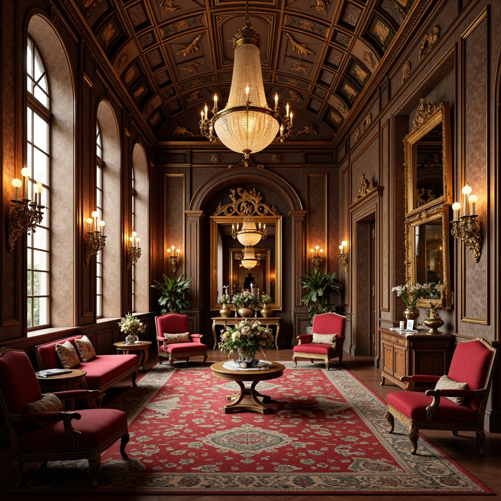 Prompt: Ornate palace, gilded details, rich velvet fabrics, intricately carved wooden furniture, antique mirrors, grandiose chandeliers, luxurious upholstery, curved lines, golden accents, regal atmosphere, opulent textures, lavish decorations, warm candlelight, dramatic shadows, 1/2 composition, symmetrical framing, detailed renderings.