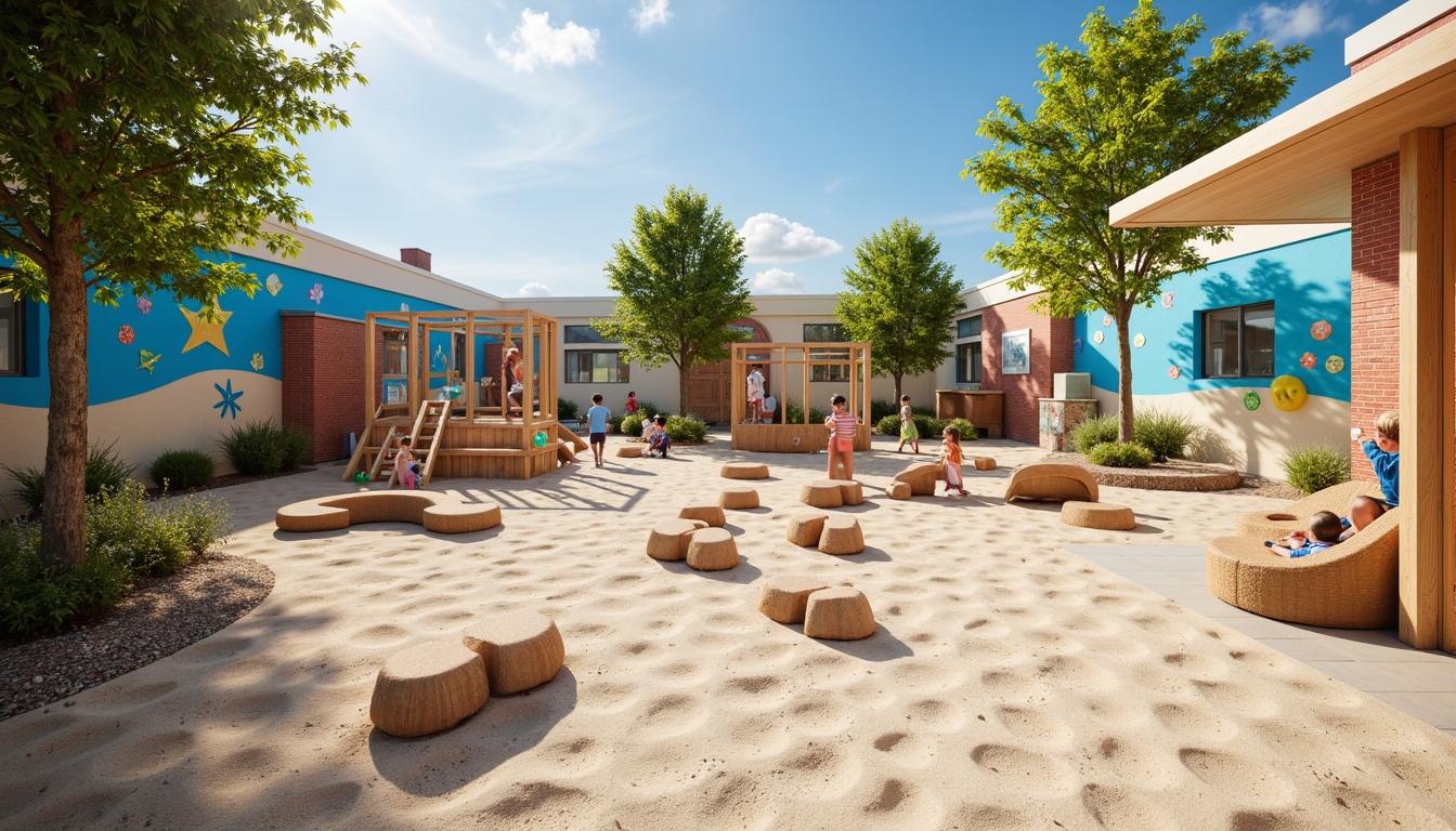 Prompt: Vibrant kindergarten playground, coastal theme, sandy surfaces, seashell decorations, ocean-inspired murals, colorful beach balls, nautical rope climbing frames, wooden sailboat play structures, interactive wave machines, sensory play areas, tactile sandboxes, shell-shaped benches, driftwood accents, natural textiles, soft ocean breeze sounds, warm sunny lighting, shallow depth of field, 3/4 composition, realistic textures, ambient occlusion.