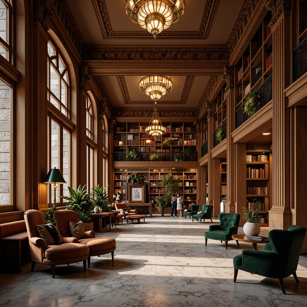 Prompt: Elegant library interior, neoclassical architecture, marble floors, ornate columns, grand chandeliers, rich wood tones, leather-bound books, comfortable reading nooks, tufted armchairs, wooden tables, green lamps, soft warm lighting, shallow depth of field, 3/4 composition, realistic textures, ambient occlusion, sophisticated furniture pieces, curved lines, luxurious fabrics, intricate carvings, vintage bookshelves, quiet atmosphere, studious ambiance.