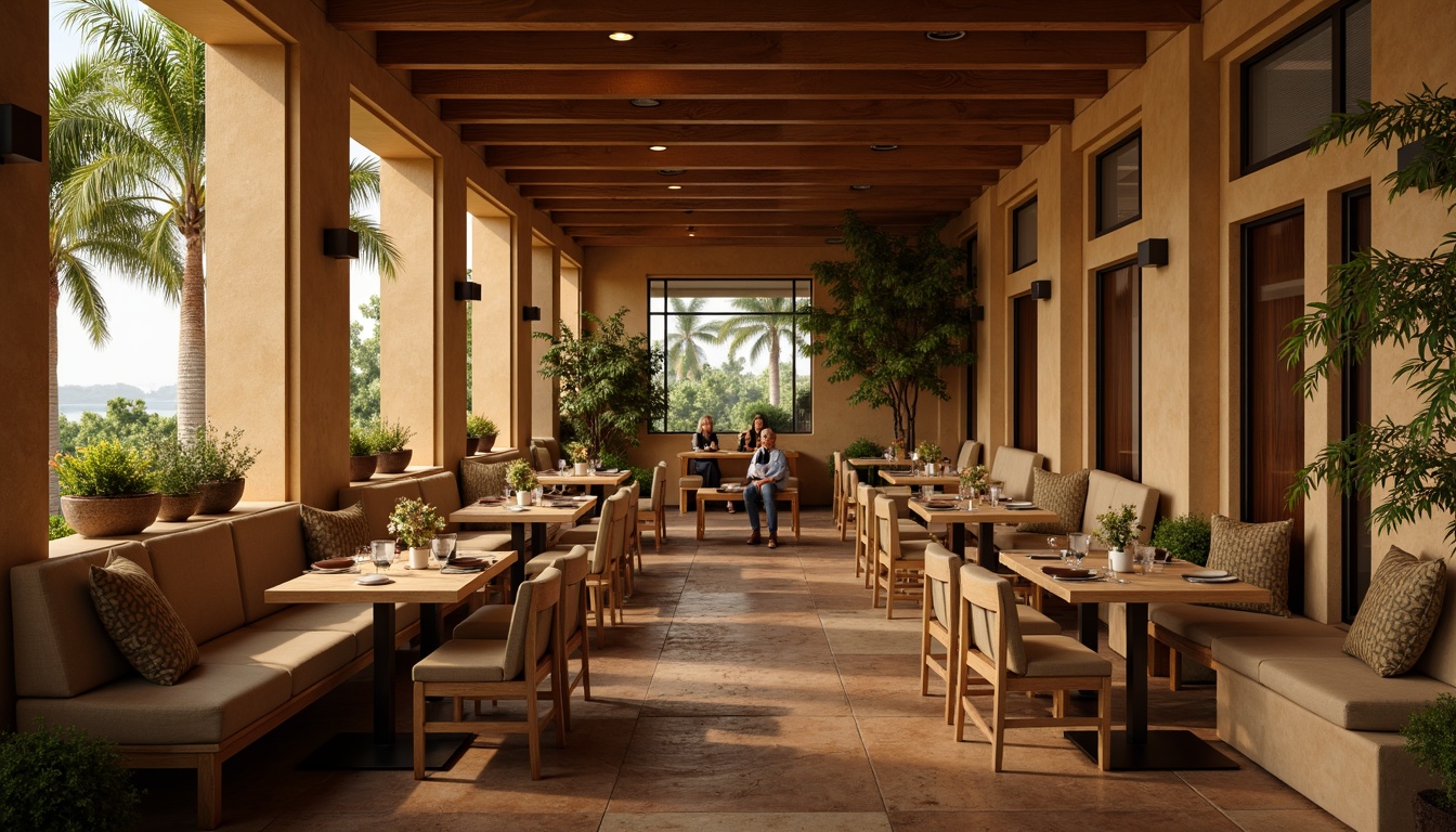 Prompt: Warm dining area, earthy tones, rich wood accents, comfortable seating, soft beige walls, warm golden lighting, natural stone floors, elegant table settings, decorative centerpieces, lush greenery, vibrant flower arrangements, calming ambiance, soothing color scheme, 1/2 composition, shallow depth of field, realistic textures, ambient occlusion.