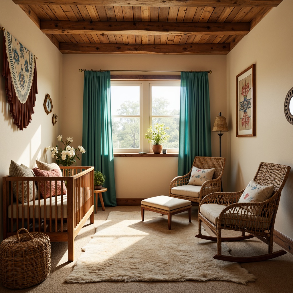 Prompt: Southwestern nursery, warm beige walls, distressed wood furniture, woven basket cribs, vibrant turquoise accents, patterned textiles, aztec-inspired blankets, cactus-motif pillows, soft sheepskin rugs, natural fiber fabrics, earthy tone curtains, rattan storage baskets, wicker rocking chairs, tribal-print wall art, warm golden lighting, shallow depth of field, 1/2 composition, intimate atmosphere, realistic textures.