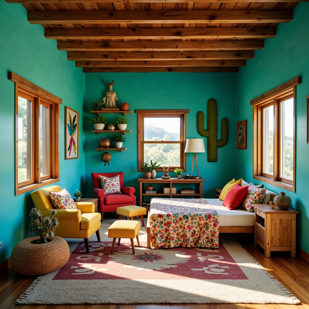 Prompt: Vibrant turquoise walls, rustic wooden floorboards, plush area rug, colorful woven baskets, hand-painted Native American-inspired murals, whimsical cactus-shaped bookshelves, distressed wood furniture, vibrant red and yellow accents, woven textiles, natural fiber upholstery, playful animal figurines, Southwestern-style patterned bedding, sunny afternoon light, warm golden glow, shallow depth of field, 1/2 composition, rustic wooden ceiling beams, earthy tone color palette.