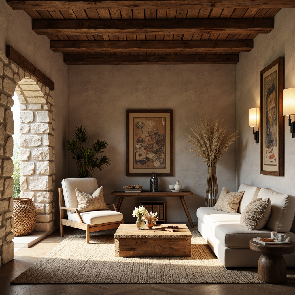 Prompt: Rustic wooden walls, natural stone textures, earthy color palette, soft warm lighting, cozy ambient atmosphere, plush furniture, woven baskets, vintage decorative items, distressed wood accents, creamy whites, beige tones, natural fabrics, woven textiles, organic shapes, intimate scale, dramatic shadows, low-key lighting, 1/1 composition, realistic materials, subtle color variations.