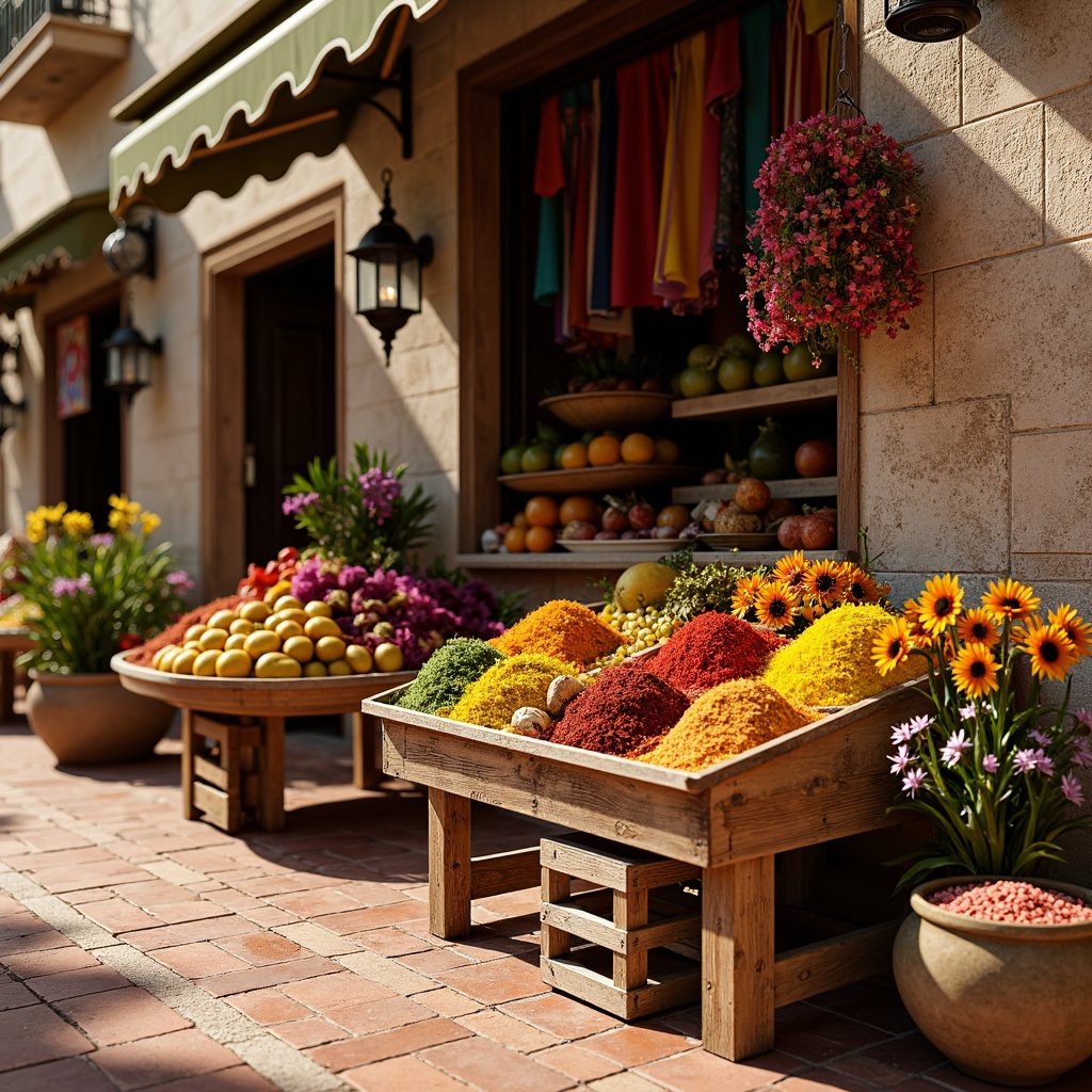 Prompt: Earthy market stalls, vibrant fruit stands, rustic wooden crates, woven baskets, traditional lanterns, warm terracotta flooring, distressed stone walls, rich cultural textiles, bold colorful spices, fragrant fresh flowers, soft natural lighting, warm sunny day, shallow depth of field, 3/4 composition, realistic textures, ambient occlusion.