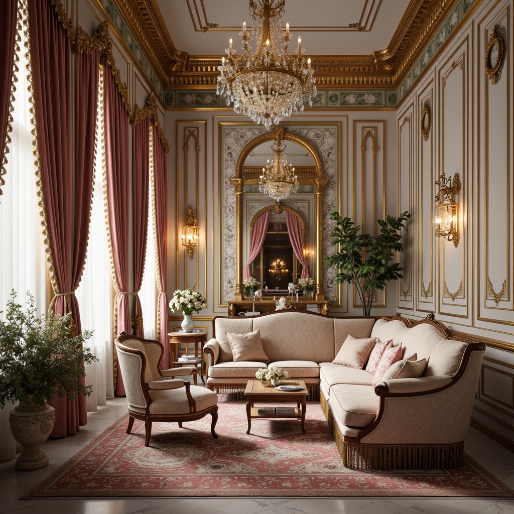 Prompt: Luxurious Rococo palace, ornate furnishings, intricately patterned fabrics, velvet drapes, golden tassels, soft silk upholstery, Baroque-inspired carved wood, gilded accents, lavish crystal chandeliers, marble floors, pastel color palette, whimsical florals, delicate lace trim, richly embroidered tapestries, dramatic curtains, indulgent comfort, warm candlelight, shallow depth of field, 1/1 composition, realistic textures, ambient occlusion.