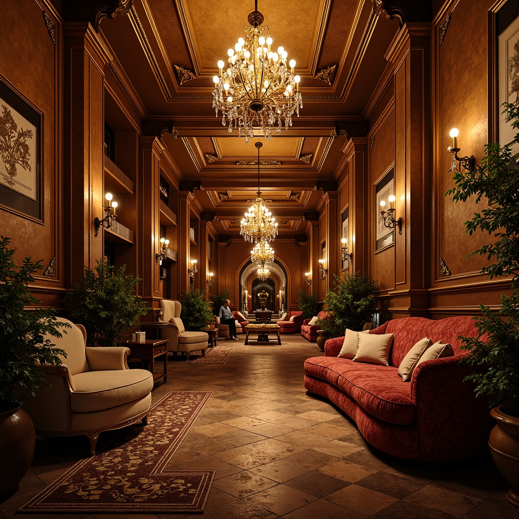 Prompt: Opulent basement, Art Nouveau ornate details, warm golden lighting, ornamental metalwork, flowing organic forms, sinuous lines, luxurious velvet fabrics, rich wood tones, grand chandeliers, intricate glasswork, bronze sconces, crystal droplets, soft warm glow, ambient shadows, dramatic spotlights, 1/1 composition, realistic reflections, detailed textures.