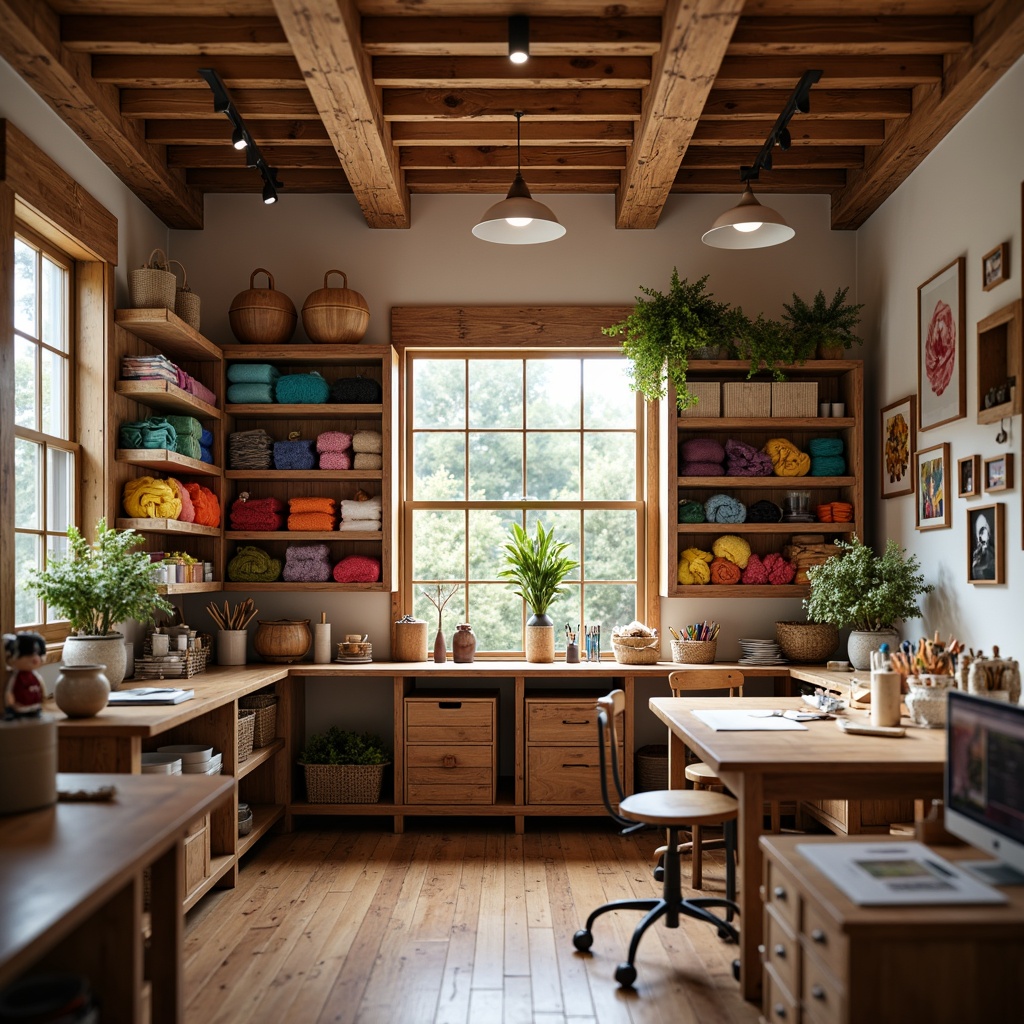 Prompt: Cozy crafting studio, natural wood accents, organized shelves, baskets, and bins, vibrant colorful fabrics, threads, and yarns, functional worktables, ergonomic chairs, soft warm lighting, shallow depth of field, 3/4 composition, realistic textures, ambient occlusion.