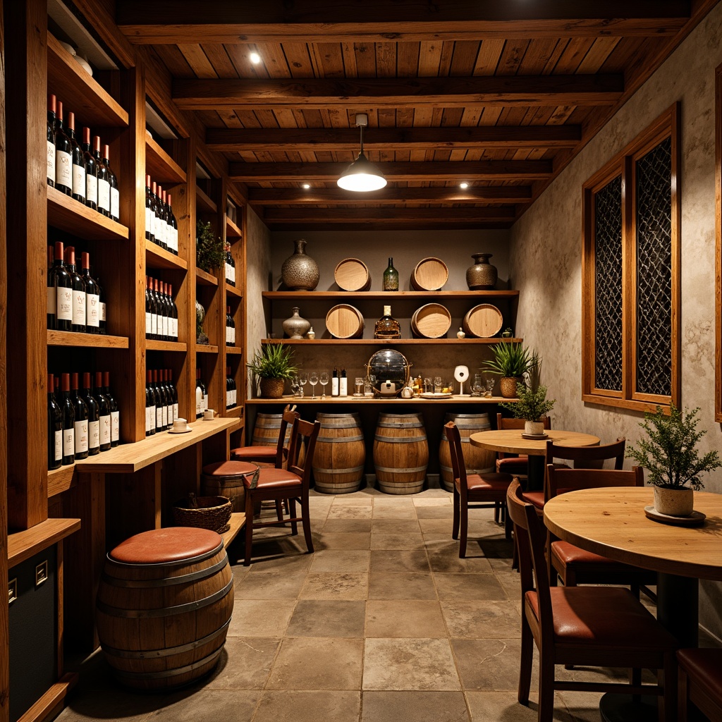 Prompt: Rustic wine cellar, wooden wine racks, reclaimed wood shelves, wrought iron decorations, earthy tone walls, stone flooring, dim warm lighting, rich wood accents, vintage wine barrels, ornate metalwork, classic craftsman design, sturdy wooden tables, comfortable leather armchairs, soft golden lighting, shallow depth of field, 1/2 composition, realistic textures, ambient occlusion.