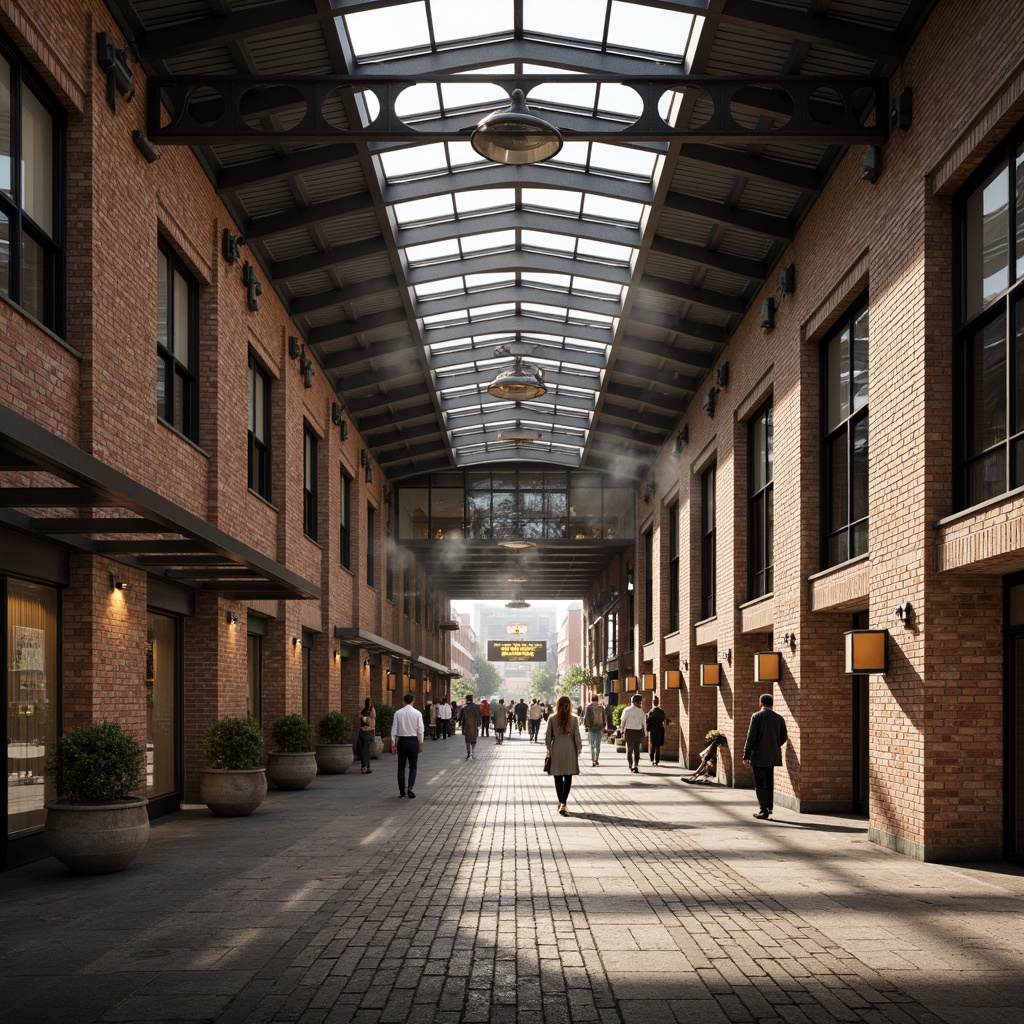 Prompt: Rustic bus station, exposed brick facade, rough-hewn stone walls, earthy tone color scheme, industrial-style metal beams, modern LED lighting, sleek glass roofs, urban cityscape, busy pedestrian traffic, natural stone flooring, intricate brick patterns, geometric textures, warm ambient lighting, shallow depth of field, 1/2 composition, realistic rendering, atmospheric misting effects.