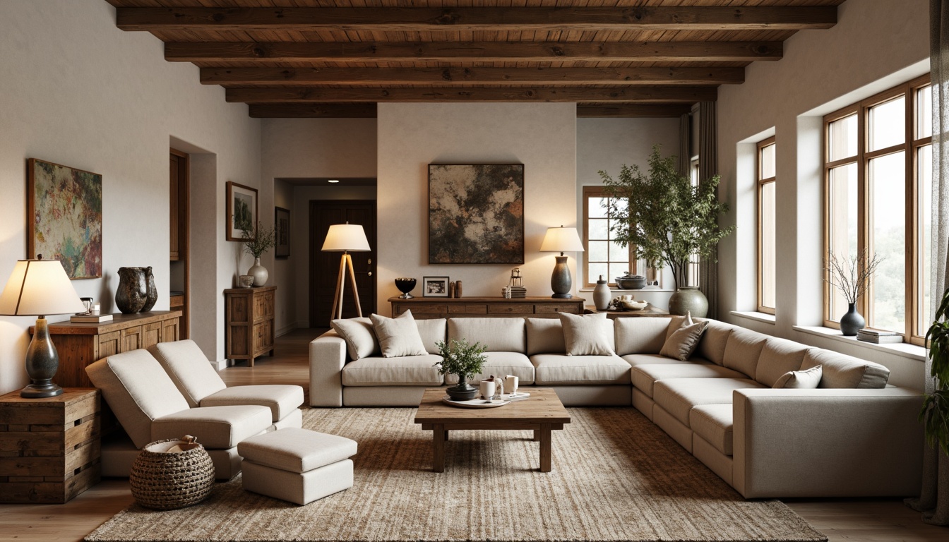 Prompt: Cozy living room, plush couches, oversized armchairs, rustic wooden coffee tables, vintage metal lamps, soft warm lighting, earthy color palette, woven textiles, natural fabrics, ergonomic designs, comfortable seating arrangements, functional storage units, minimalist decor, Scandinavian-inspired aesthetics, airy open spaces, large windows, abundant natural light.