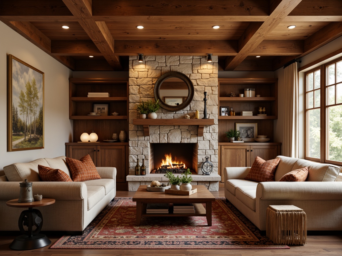 Prompt: Cozy family room, warm wood tones, craftsman-style wooden furniture, rich walnut accents, plush cushions, comfortable sofas, rustic wooden beams, natural stone fireplace, vintage decorative items, earthy color palette, soft warm lighting, shallow depth of field, 3/4 composition, inviting atmosphere, realistic textures, ambient occlusion.