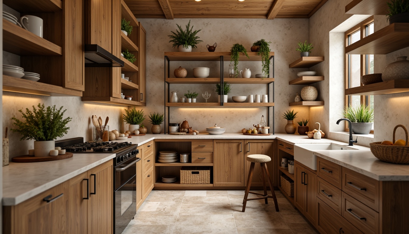 Prompt: Cozy pantry, warm earthy tones, soft beige walls, rich wood accents, creamy white countertops, subtle gray undertones, natural stone flooring, rustic metal shelving, vintage-inspired decor, ambient warm lighting, shallow depth of field, 1/1 composition, realistic textures, soft focus effect.