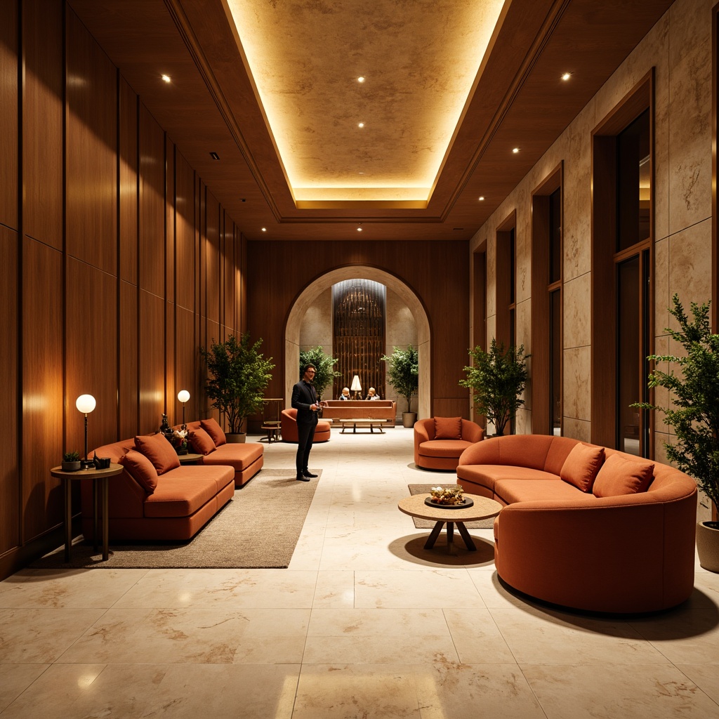 Prompt: Luxurious hotel lobby, rich wood accents, velvety soft furnishings, warm golden lighting, earthy terracotta tones, creamy marble floors, metallic bronze details, lush greenery, natural stone walls, elegant curved lines, sophisticated minimalism, ambient warmth, soft focus blur, shallow depth of field, 2/3 composition, atmospheric perspective, realistic textures, subtle gradient maps.