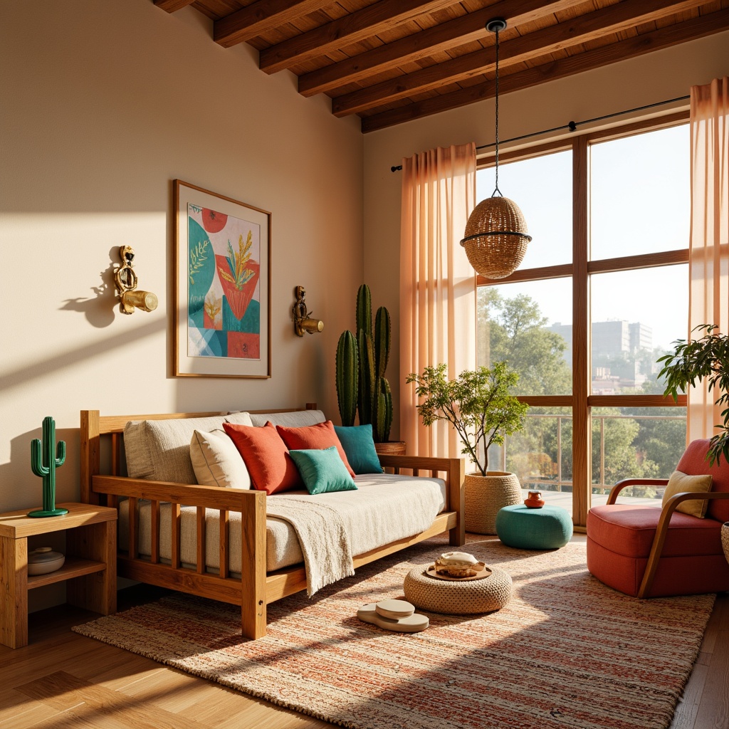 Prompt: Vibrant kids' bedroom, Southwestern decor, cactus-shaped table lamps, colorful woven baskets, warm beige walls, turquoise accents, soft peach curtains, rustic wooden furniture, woven Native American-inspired rugs, cozy reading nook, floor-to-ceiling windows, natural sunlight, warm golden lighting, 1/2 composition, shallow depth of field, realistic textures, ambient occlusion.