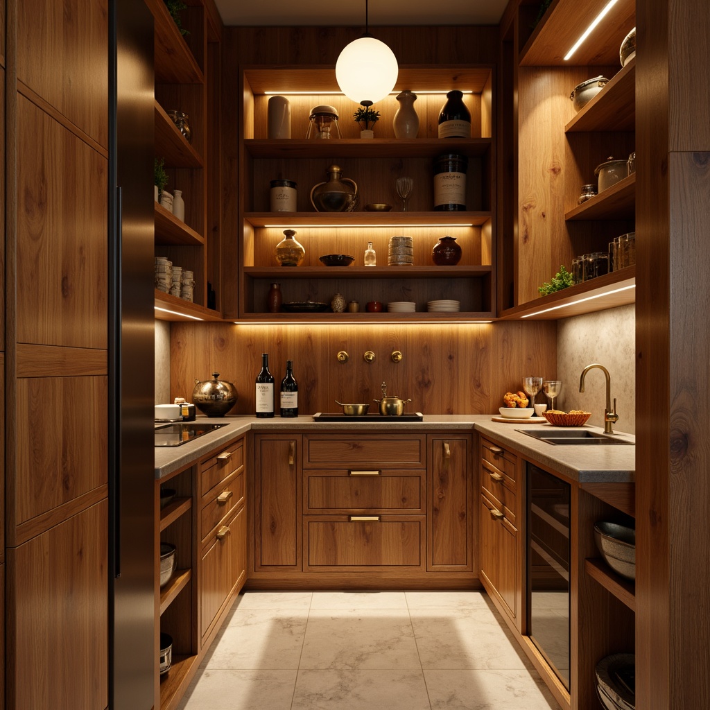 Prompt: Mid-century modern pantry, sleek cabinetry, warm wood tones, pendant lights, brass accents, globe-shaped fixtures, soft warm glow, cozy ambiance, recessed lighting, under-cabinet illumination, subtle shadows, 3/4 composition, shallow depth of field, realistic textures, ambient occlusion.