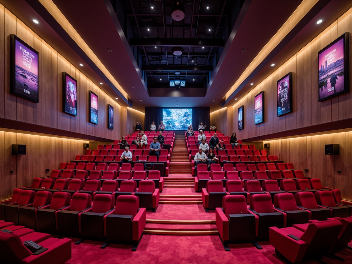 Prompt: Vibrant cinema interior, rich velvet seats, deep crimson carpets, metallic silver accents, sleek glass railings, modern minimalist architecture, high ceilings, ambient warm lighting, soft glowing signage, luxurious VIP lounges, immersive audio systems, cinematic screens, dynamic LED displays, futuristic soundproofing materials, textured concrete walls, polished wooden floors, sophisticated color grading, 1/2 composition, cinematic camera angles, dramatic spotlights, atmospheric fog effects.