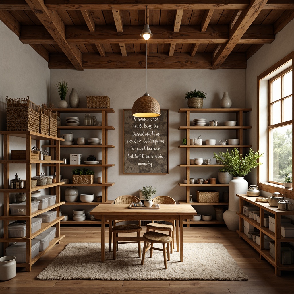 Prompt: Cozy crafting studio, wooden workbenches, organized storage units, labeled compartments, transparent containers, stacked shelves, ergonomic seating, soft warm lighting, natural wood tones, rustic metal accents, woven baskets, decorative vases, inspirational quotes, creative freedom, 1/1 composition, shallow depth of field, realistic textures.