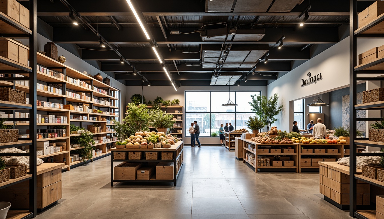 Prompt: Academic-style grocery store, industrial shelving units, metal frames, wooden shelves, adjustable storage levels, baskets and bins, labeled signage, LED lighting, polished concrete floors, modern minimalist decor, high ceilings, open layout, abundant natural light, warm color scheme, geometric patterns, clean lines, efficient use of space, 1/1 composition, shallow depth of field, realistic textures.