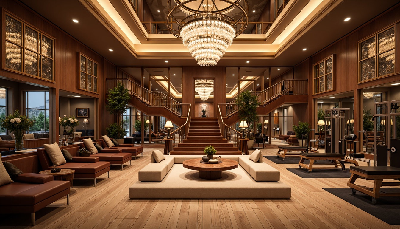 Prompt: Elegant fitness club interior, warm wood accents, rich leather upholstery, ornate mirrors, crystal chandeliers, grand staircases, spacious workout areas, free weights, cardio equipment, strength training machines, yoga mats, Pilates reformers, wooden flooring, soft warm lighting, shallow depth of field, 3/4 composition, realistic textures, ambient occlusion.