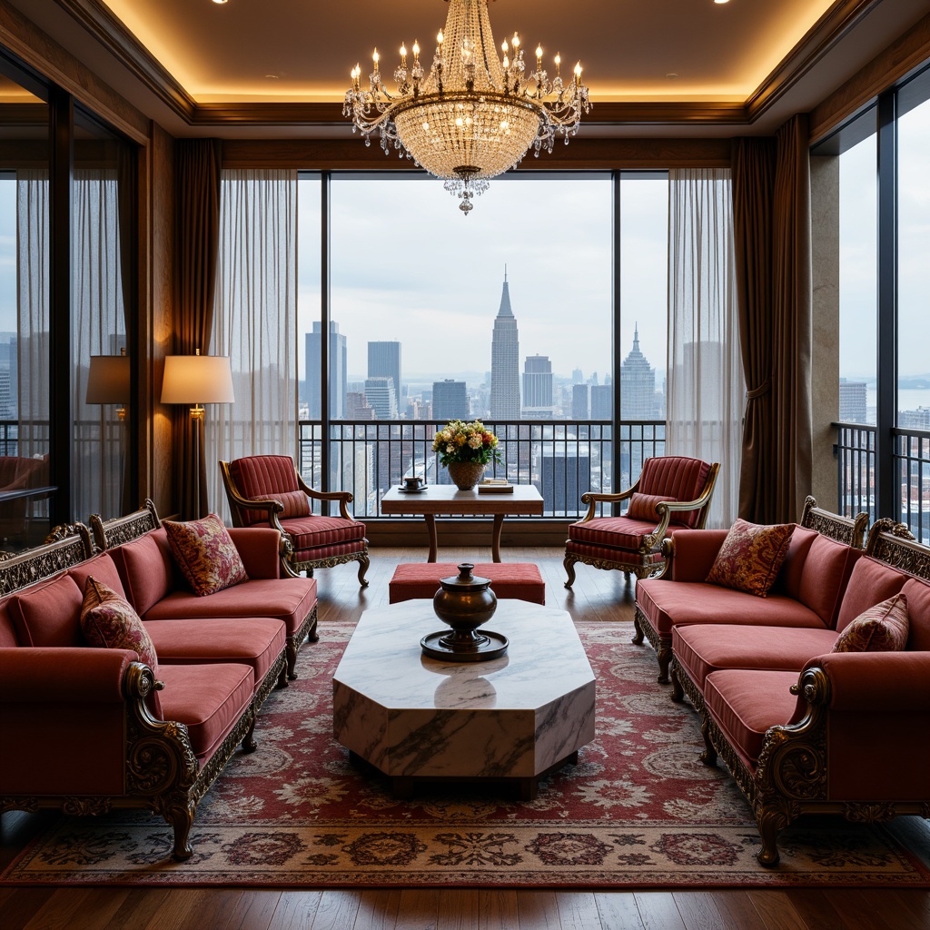 Prompt: Luxurious penthouse, classicism style, opulent velvet sofas, intricately carved wooden armchairs, ornate marble coffee tables, lavish crystal chandeliers, richly upholstered ottomans, antique bronze vases, plush area rugs, majestic floor-to-ceiling windows, panoramic city views, soft warm lighting, subtle ambient shadows, 1/1 composition, realistic textures, detailed normal maps.